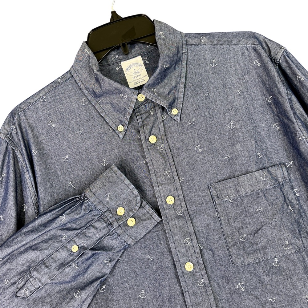 Brooks Brothers Regent Shirt Mens L Anchor Cotton Nautical Business Casual